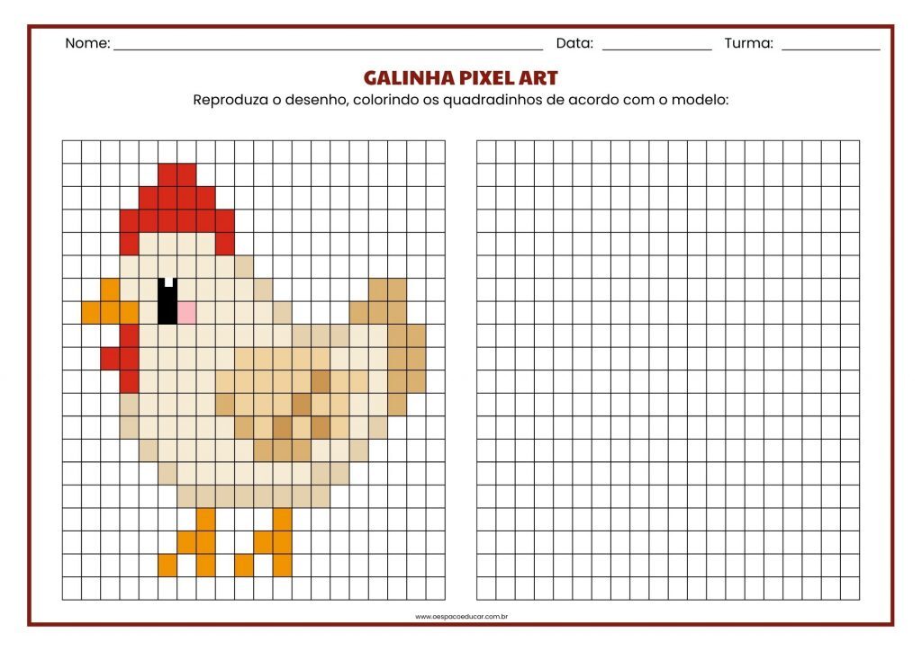Galinha Pixel Art na Folha de Atividades A4 Colorida Geométrica
