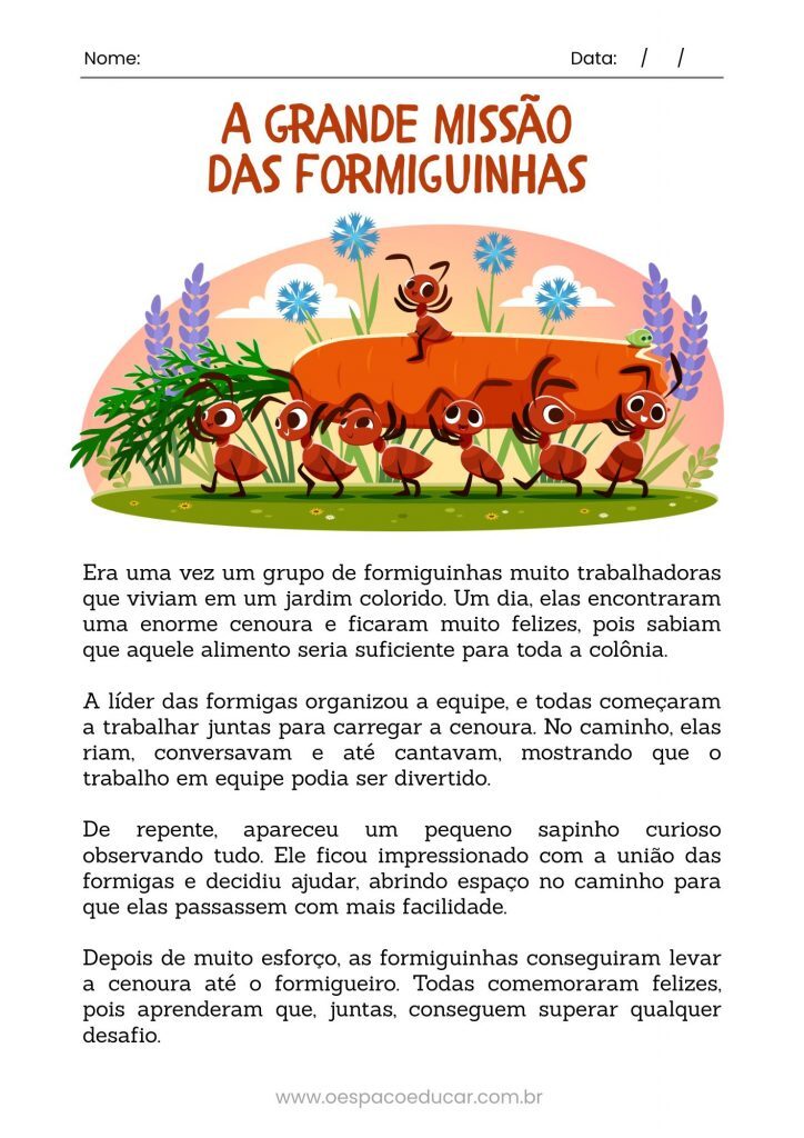 Interpretação de Texto Formigas Atividade Verde; Marrom Ilustrado