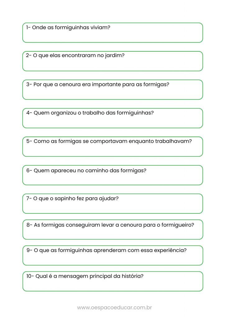 Interpretação de Texto Formigas Atividade Verde; Marrom Ilustrado