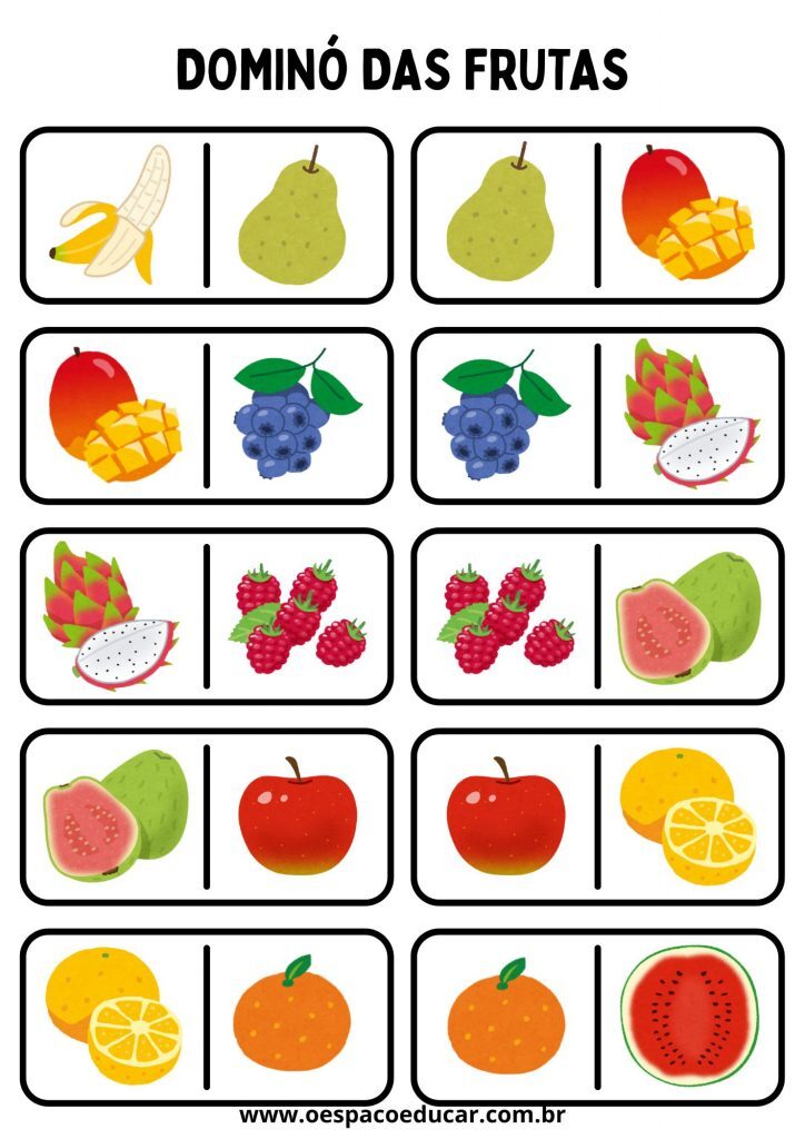 Jogo Educativo Dominó A4 das Frutas Lúdico e Colorido
