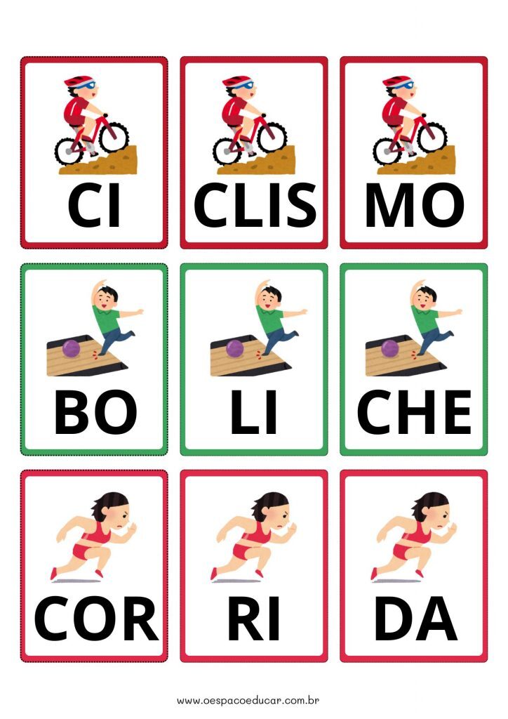 Jogo das Sílabas tema Esportes Flashcards Colorido e Lúdico