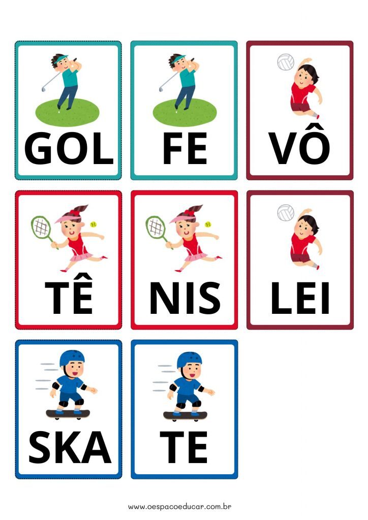Jogo das Sílabas tema Esportes Flashcards Colorido e Lúdico