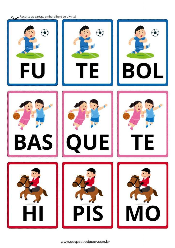 Jogo das Sílabas tema Esportes Flashcards Colorido e Lúdico