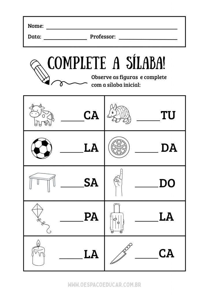 Folha de Atividade Alfabetização Complete a Sílaba Preto e Branco Minimalista