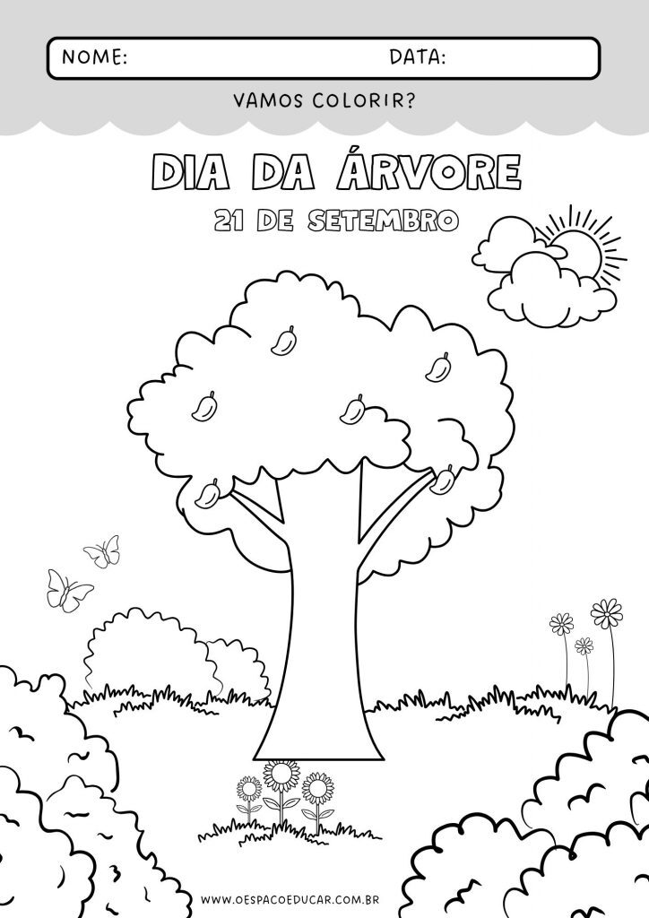 Folha de Atividade Dia da Árvore para Colorir em Preto e Branco Ilustrado