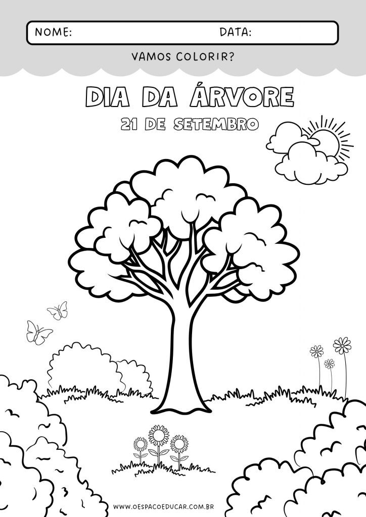 Folha de Atividade Dia da Árvore para Colorir em Preto e Branco Ilustrado
