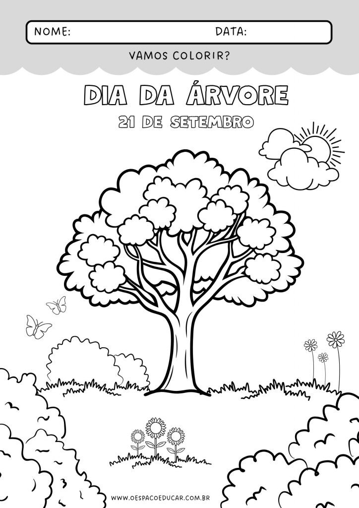Folha de Atividade Dia da Árvore para Colorir em Preto e Branco Ilustrado