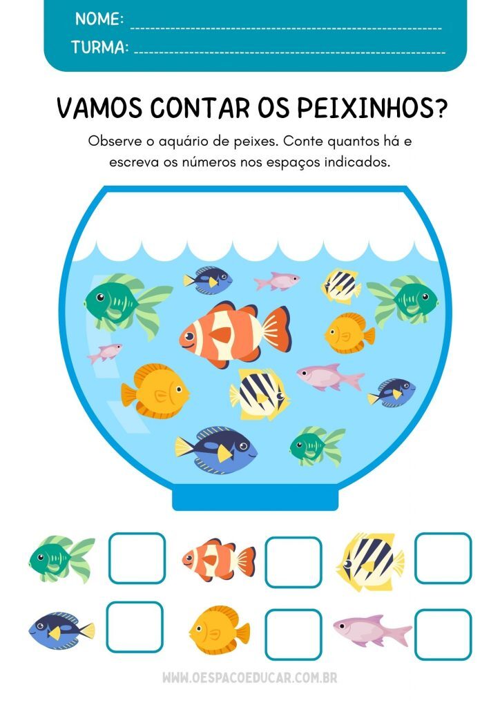 Folha de atividade Contagem Quantidade Peixes colorido ilustrativo