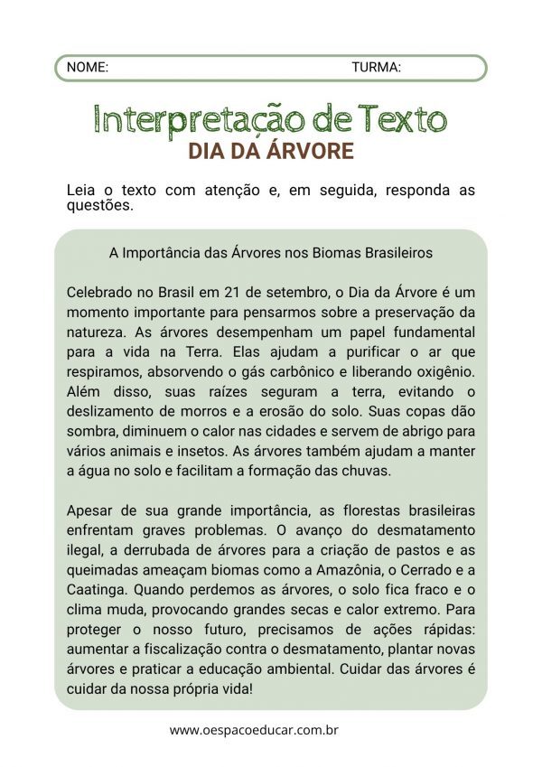 Dia da Árvore: leitura e interpretação de texto!