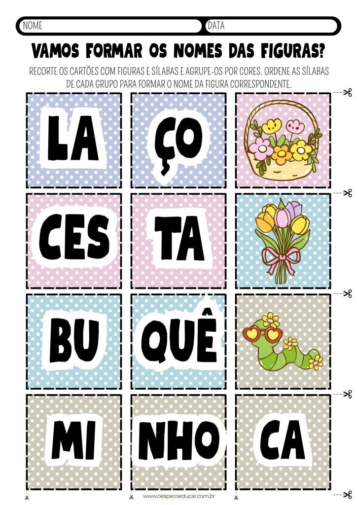 Formação de palavras tema primavera Folha de atividades A4 Lúdico Colorido