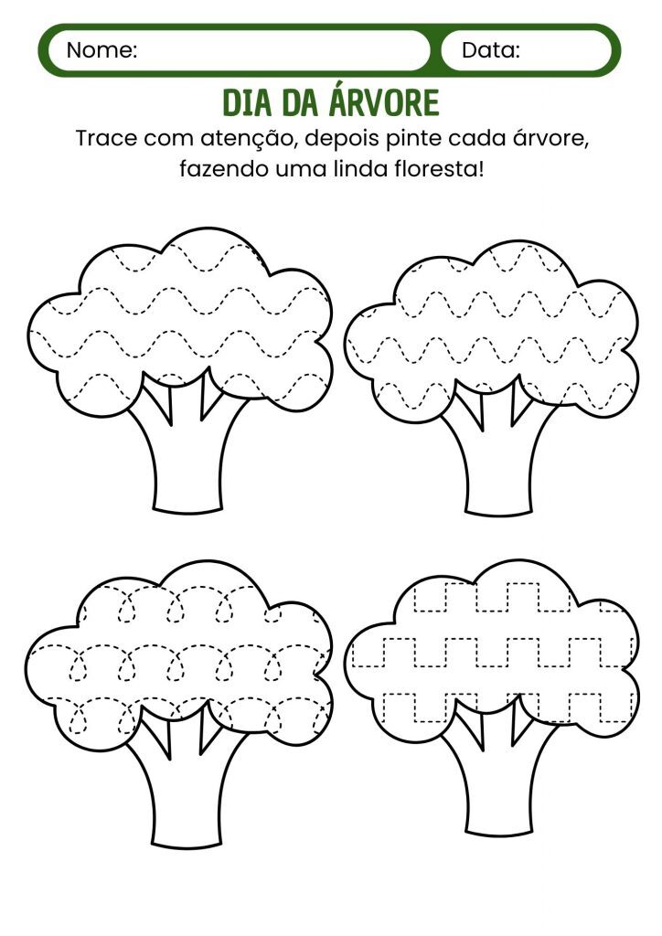 Trace as Árvores na Folha de Atividades Verde Ilustrada