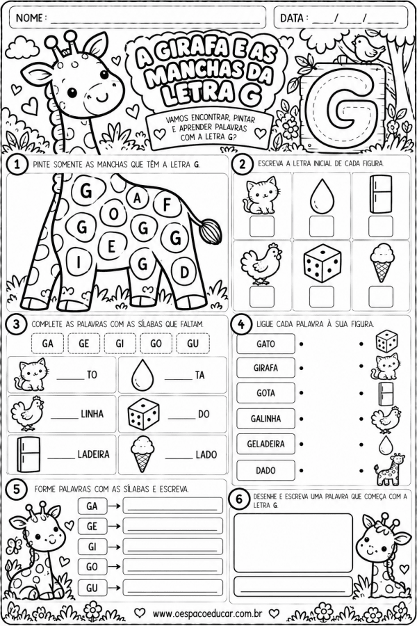 Alfabetização: Atividades da Letra G!
