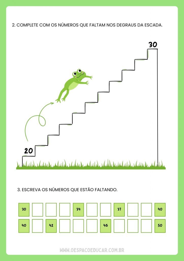 Folha de Atividades Números até 50 Ilustrado Sapo Colorido