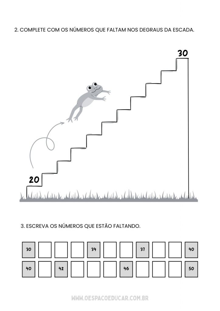 Folha de Atividades Números até 50 Ilustrado Sapo Colorido